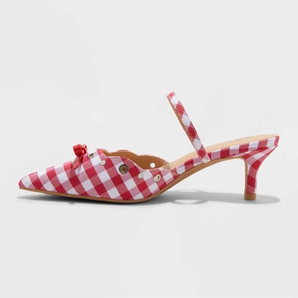 Red and White Gingham Bow Slingback Kitten Heel - Picture 2 of 8